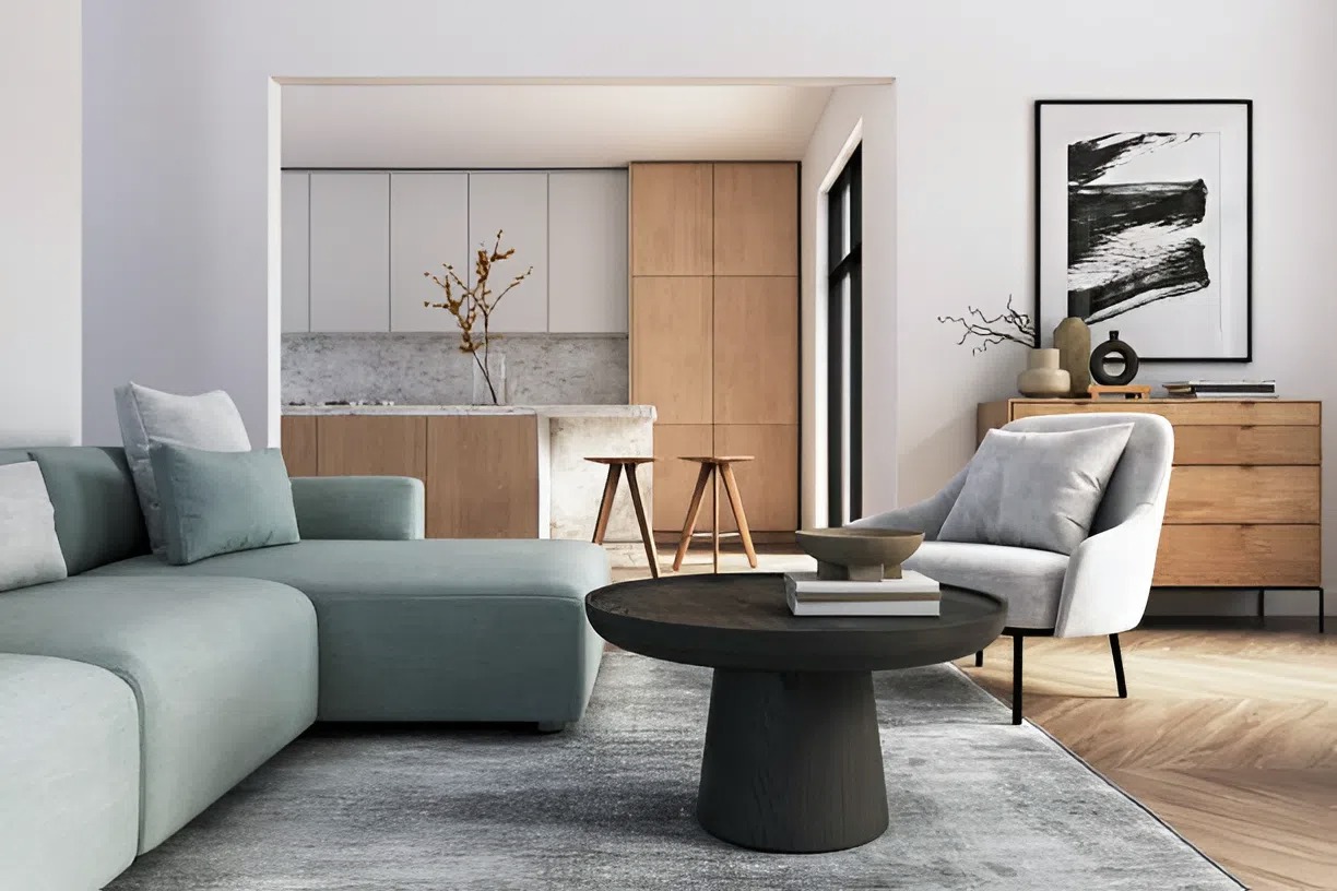 Living room with neutral wall tones and warm earth accents by a house painter in South Carolina