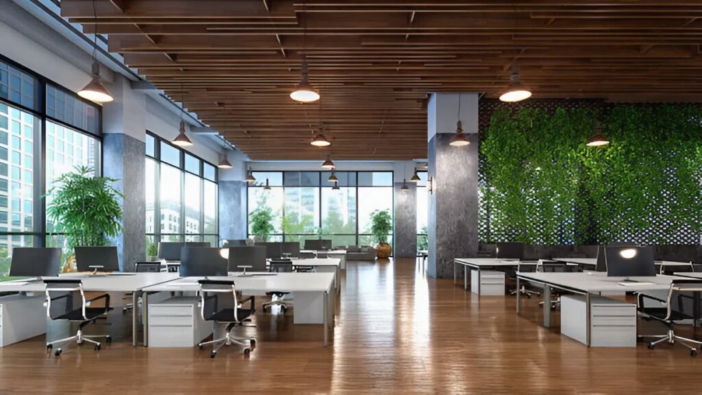 Modern office interior with smooth gray feature walls and clean white trim by an interior painter in Annapolis, MD