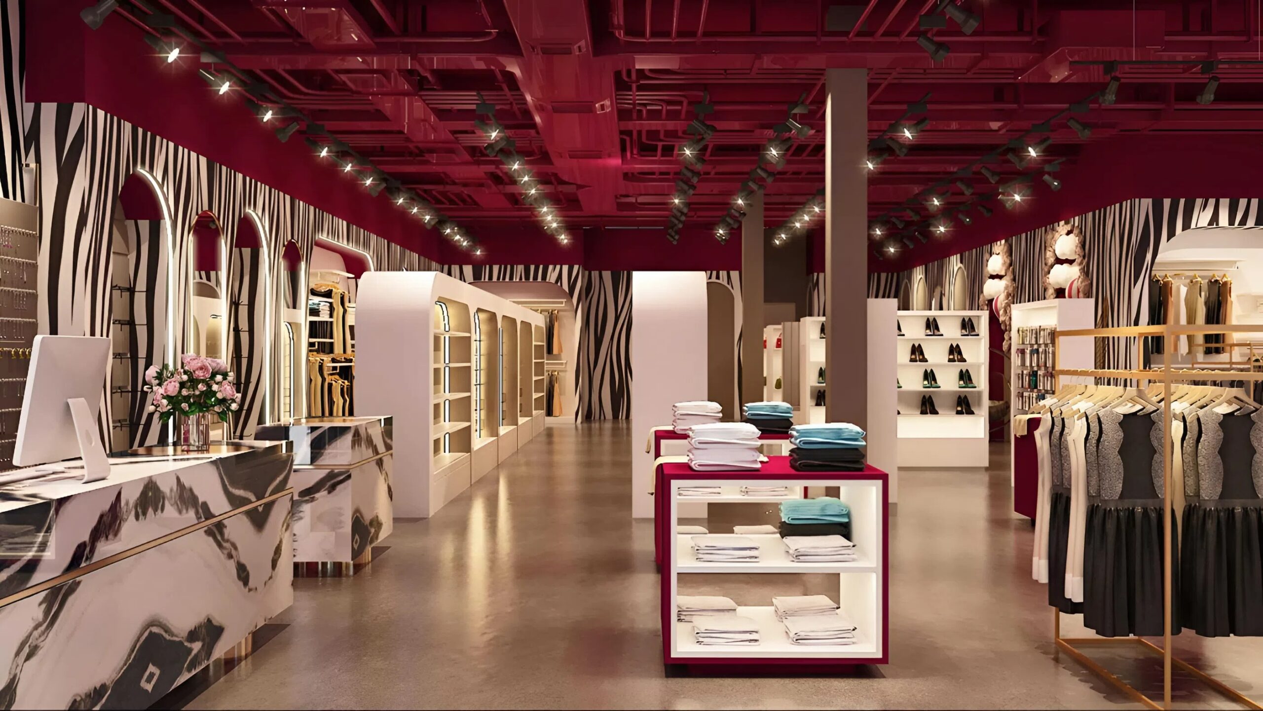 Retail interior with bold red painted ceiling, zebra accent walls, and smooth polished finishes by a commercial painter in Charlotte, NC